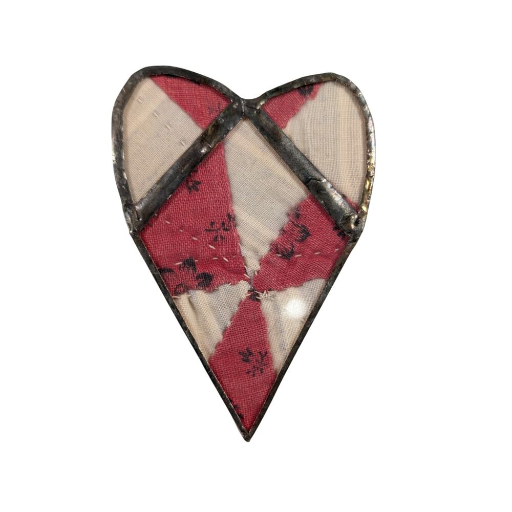 Vintage Stained Glass Heart Brooch 1930s Quilt Shard Pinwheel Folk Art Pin
